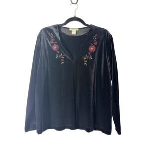 Notations Women's Velvet Cardigan Size L Black Embroidered Floral Vintage 90s